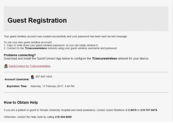 Screenshot of Guest Registration Window Confirmation Message