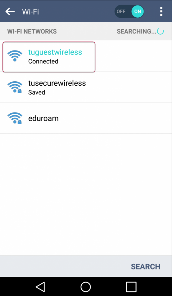 Smartphone Screenshot of Available Wi-Fi Networks with TUguestwireless selected